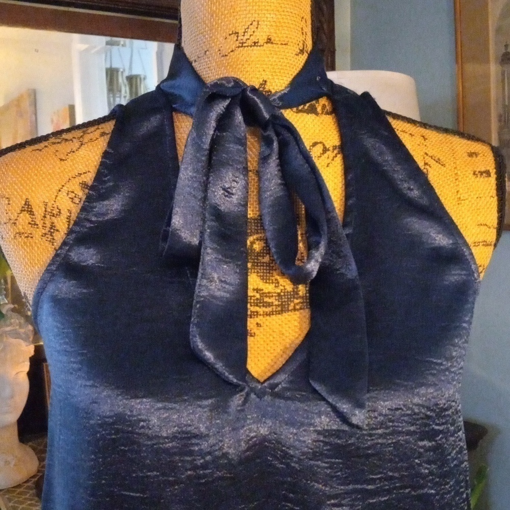 Anthropologie Maeve Navy Satin Tie Neck Sleeveless Swing Blouse Top 2P - Picture 3 of 16